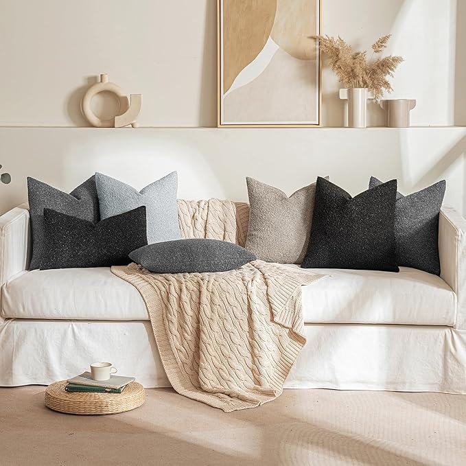 MIULEE 20x20 Inch Decorative Pillow Covers for Couch Bed Set of 2 Textured Boucle Neutral Throw Pillow Covers Black Accent Solid Pillowcases Sofa Living Room Home Decor