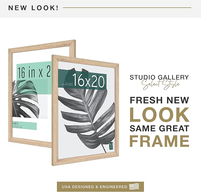 MCS Studio Gallery 16x20 Poster Frame Natural Woodgrain Engineered Wood, Vertical & Horizontal Wall Hanging Large Picture Frame for Photos, Posters & Art Prints (2-Pack)