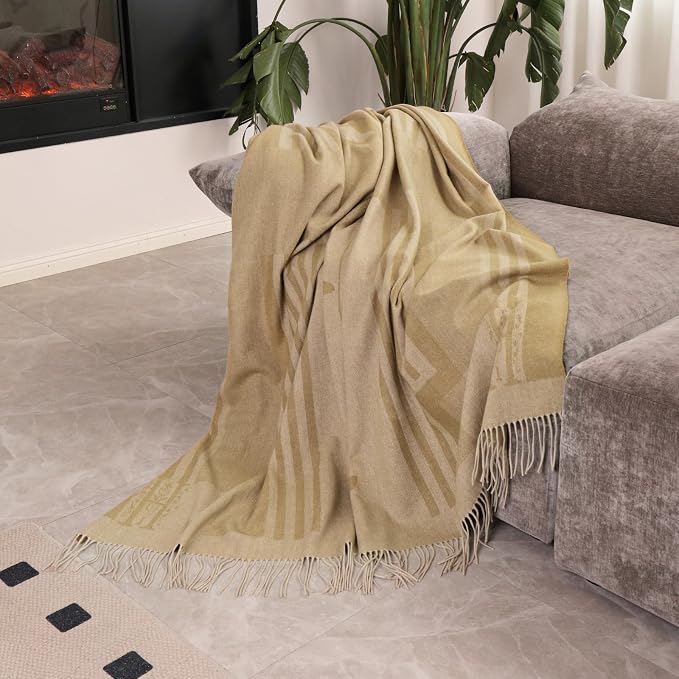 Pure Wool Jacquard Throw Blanket with Tassels, Large 55x83 inches, 1.5 lbs,Soft & Warm Lambswool Knee Throw Blanket for Couch Bed Outdoor Travel, Yellow Wool Throw
