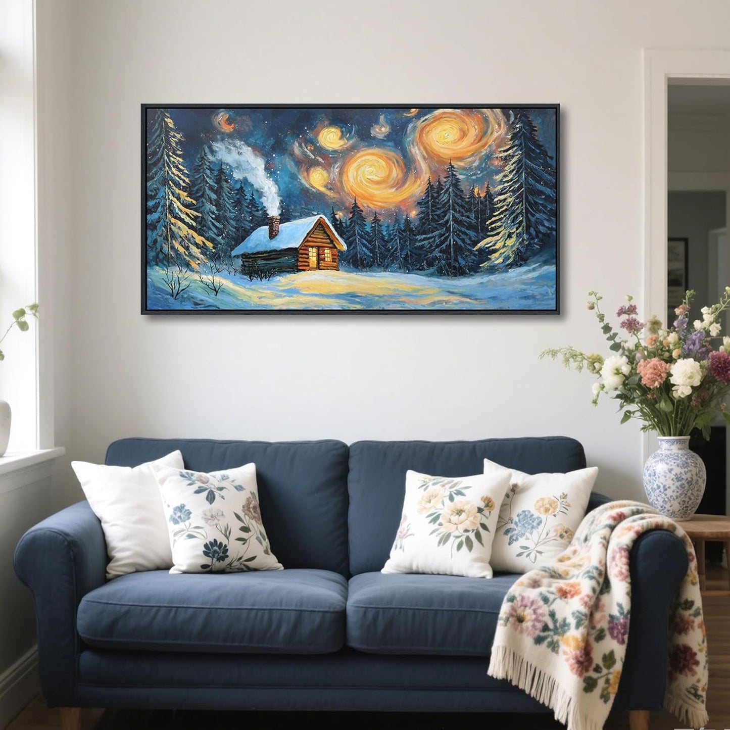 QZQCBLC Green Forest Wall Art, Farmhouse Hut Snow Scene Pictures Abstract Landscape Canvas Rustic Painting Artwork for Living room Bathroom Bedroom kitchen Home Office Decor 20x40 IN