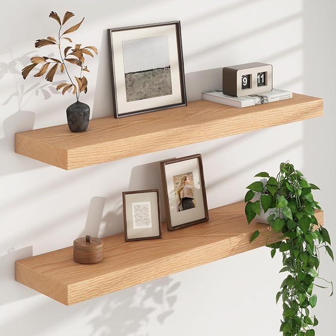 FLYJOE Floating Shelves for Wall, USA-Sourced Oak Wood 32 Inch Wall Shelves Set of 2, Natural Wooden Mounted Picture Ledge Shelf, Nursery Book Storage Shelf Kids Bookshelf Display, Shelf for Bathroom