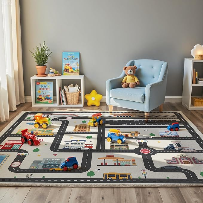 5x7ft Kids City Road Car Play Rug - Non-Slip Faux Wool Carpet with Interactive City Map Design, Educational Toy Vehicle Mat for Kids, Bedroom Playroom Nursery Gift.