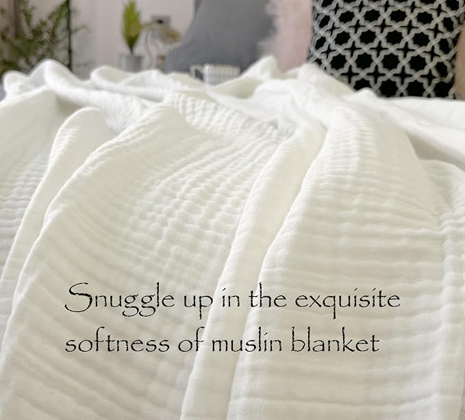 KyraHome 100% Cotton Muslin Blankets for Adults, Couch, 50"x60", Pre-Washed Plant Dyed, Breathable Lightweight Gauze Summer Throw Blanket, All Season (White)