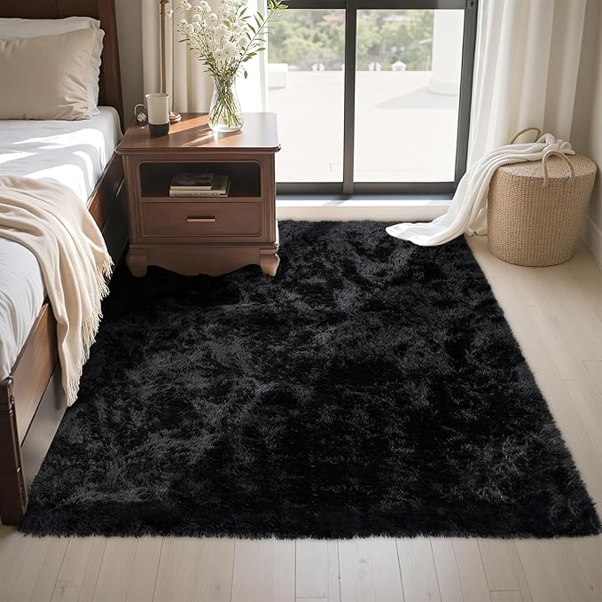 4x6 Area Rug for Living Room:Ultra Soft Fluffy Shag Black Rugs,Large Fuzzy Plush Indoor Non Slip Carpet Washable Rug for Bedroom Kids Nursery Office Dorm Modern Decor(Black 4'x6')