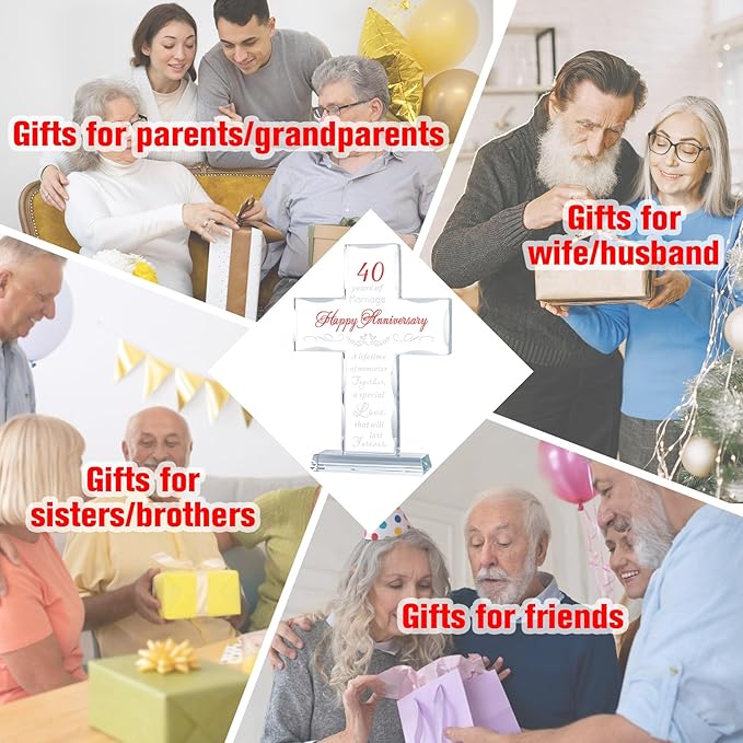YWHL 40th Wedding Anniversary Cross Gifts for Parents, 40 Years of Marriage Glass Standing Cross Keepsake for Couple, 40 Years Aniversary Decorations for Home Party