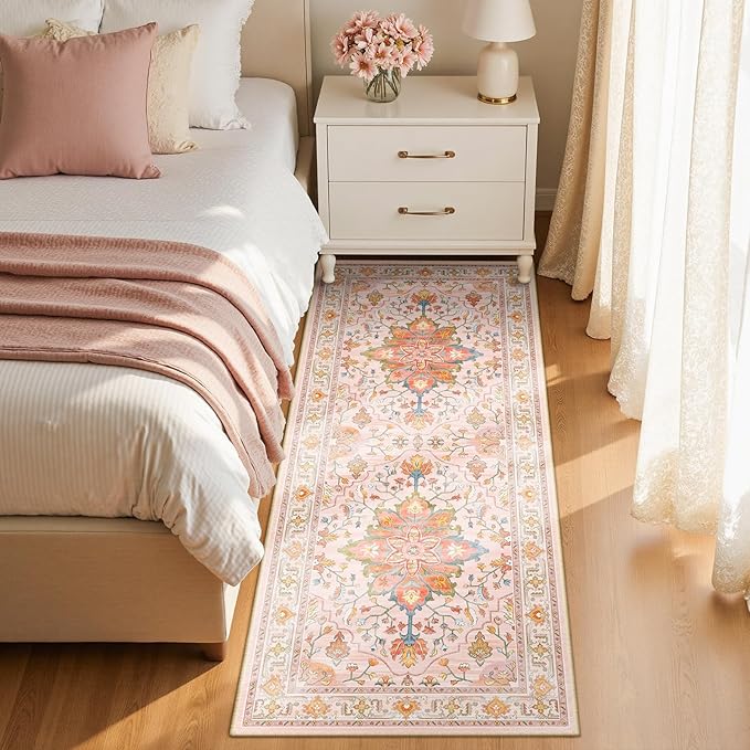 RELEANY Area Rugs 2'x6' Runner Rug Non Slip Washable for Kitchen Hallway Bedroom Beside Laundry Room Bathroom Rug, Floor Carpet, Light Pink Colorful