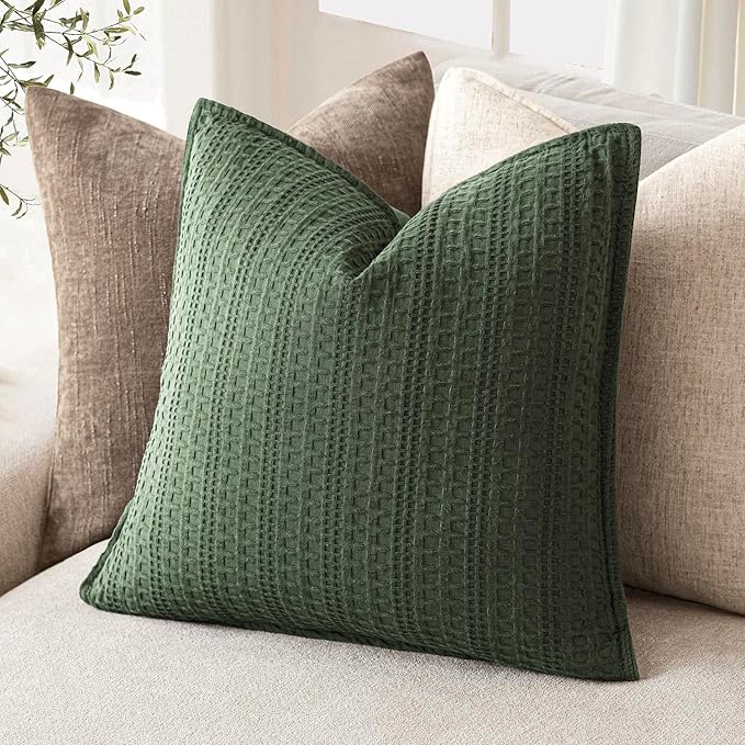 Foindtower Set of 2 Decorative Cotton Waffle Weave Throw Pillow Covers Euro Shams Cushion Covers Accent European Pillowcase for Bed Couch Sofa Bedroom Living Room Home Decor 20×20 Inch Dark Green