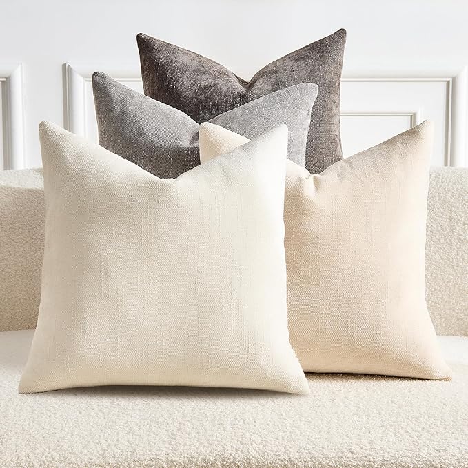 Pack of 4 Throw Pillow Covers 18x18 Inch Chenille Textured Neutral Grey Soft Pillow Covers Solid Decorative Farmhouse Cushion Covers Home Boho Decor for Couch Sofa Bed Living Room