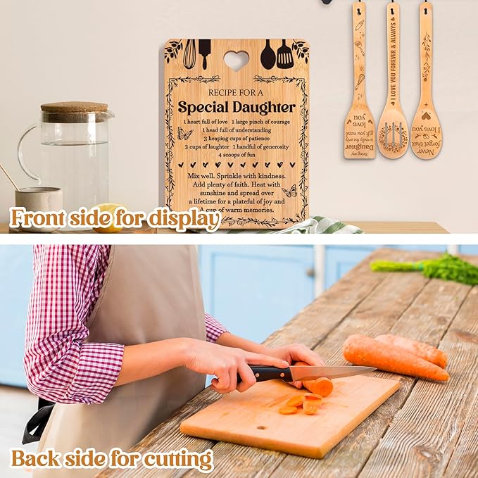Gifts for Daughter - "Recipe for a Special Daughter" Daughter Birthday Gifts Cutting Board Set, Bamboo-Made Engraved Utensil Set Birthday Gifts for Daughter, Mothers Day Gifts for Daughter
