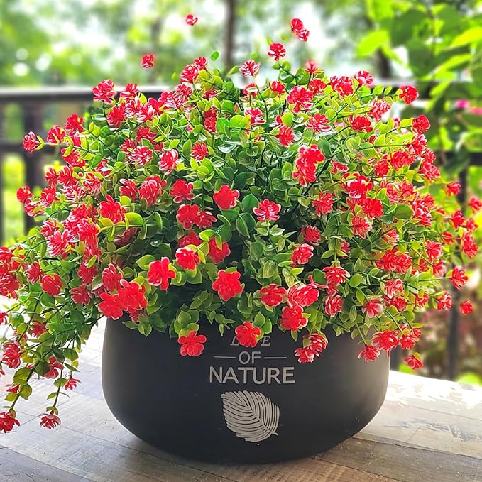 Grunyia 12 Bundles Artificial Flowers for Outdoors, UV Resistant Fake Flowers with Plastic Plants, Faux Flowers for Outside Window Box Front Porch Hanging Planter Decor (Red)