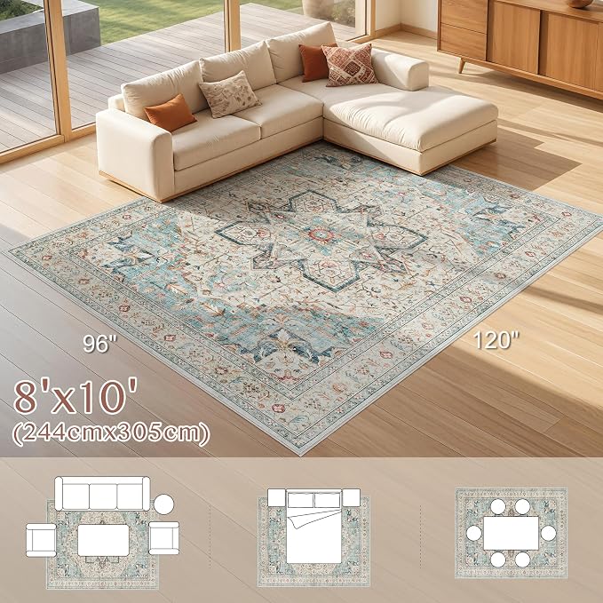 Tortania Area Rug Living Room Rugs - 8x10 Washable Boho Rug Vintage Oriental Distressed Farmhouse Large Thin Indoor Carpet for Living Room Bedroom Under Dining Table Home Office - Aqua Multi