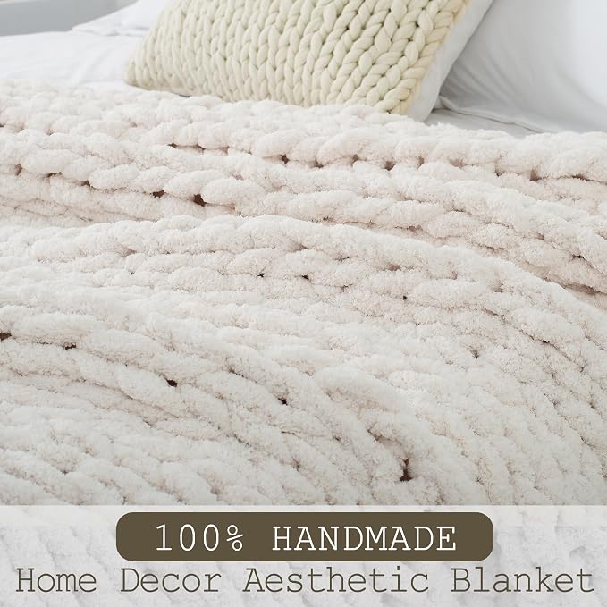 Chunky Knit Throw Blanket 50x60, 100% Handmade Chenille Yarn | 4.4lbs Soft Thick Cable Knitted Blankets, Large Rope Knot Crochet Throws for Couch Sofa Bed Machine Washable, Cream White