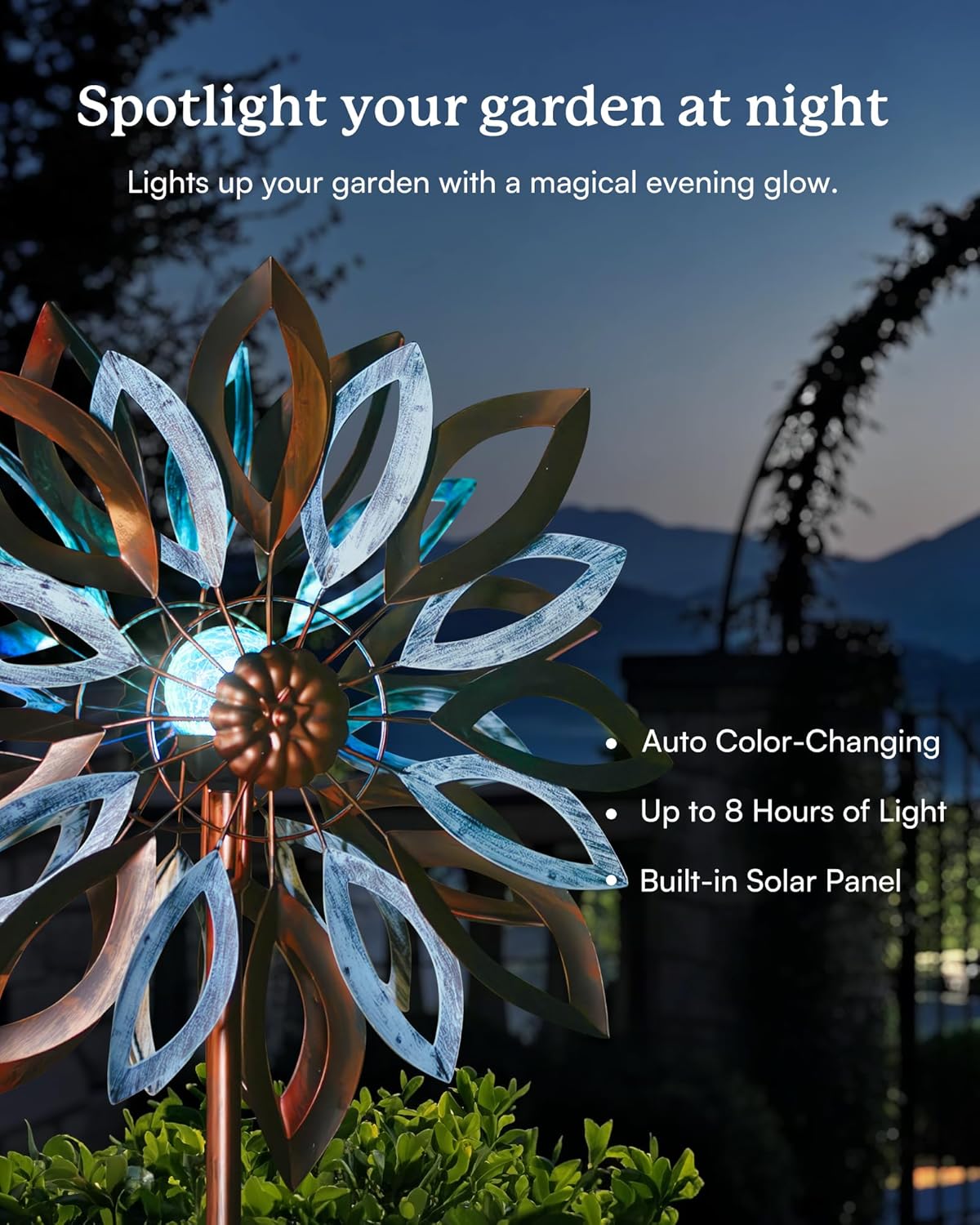 Yard Garden Wind Spinners with Solar Lights, Large Outdoor Metal Wind Spinners, Lawn Yard Art Garden Decor (22" W x 87" H)