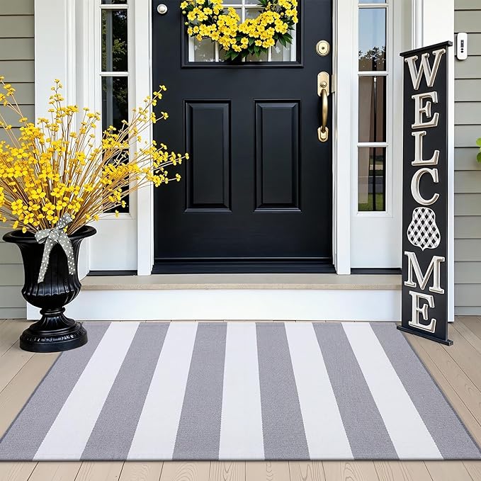 OLANLY Grey and White Striped Rug 2'4" x 3'7" (27.5" x 43") – Washable Cotton Indoor Outdoor Doormat for Front Door, Entryway, Kitchen, Porch, Patio Decor