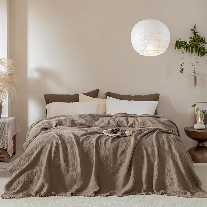 Muslin Fringe Blankets for Adults: 100% Cotton Cloud Soft | 4-Layer Gauze Breathable Lightweight All Season Throw Blanket for Bed Couch Sofa Office