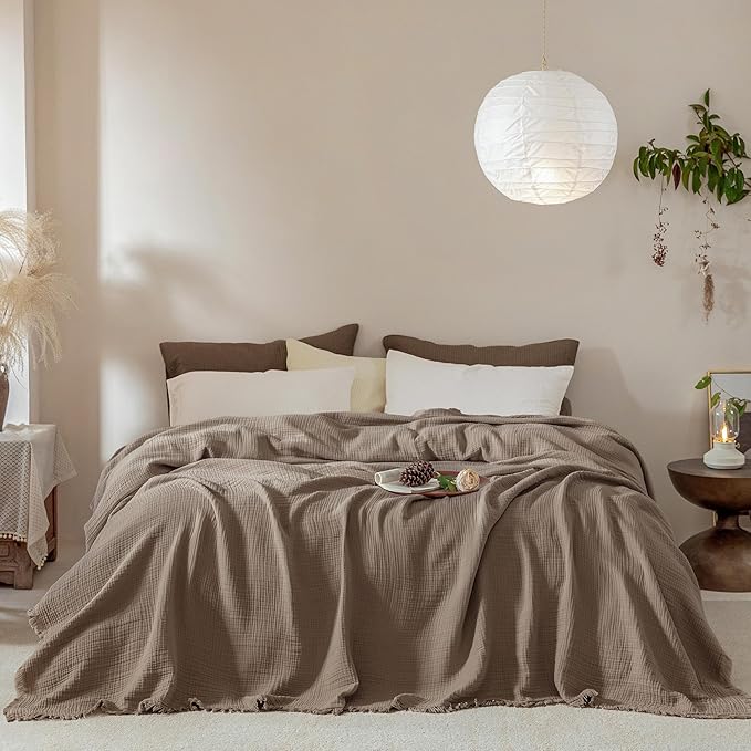 Muslin Fringe Blankets for Adults: 100% Cotton Cloud Soft | 4-Layer Gauze Breathable Lightweight All Season Throw Blanket for Bed Couch Sofa Office