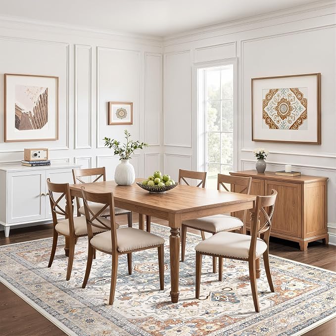 6x9 Area Rugs Living Room: Washable Boho Large Neutral Vintage Soft Rug Stain Resistant Distressed Farmhouse Non-Slip Indoor Floor Carpet for Bedroom Nursery Kids Office Dining Room- Beige Blue