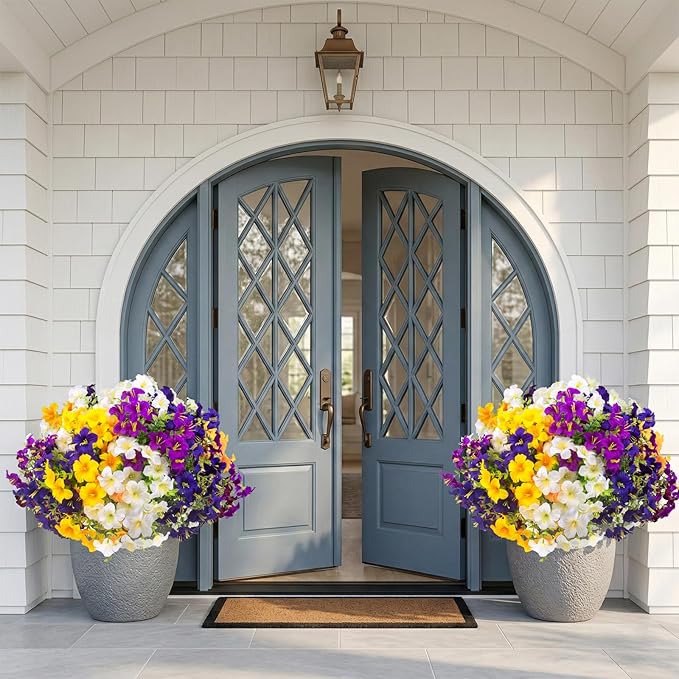 16 Pcs Faux Petunias Artificial Flowers For Outdoors, UV Resistant Fake Petunias Plants Realistic Silk Flowers for Porch Front Door Garden Window Outside Decor (16, White,Yellow,Purple,RedViolet)