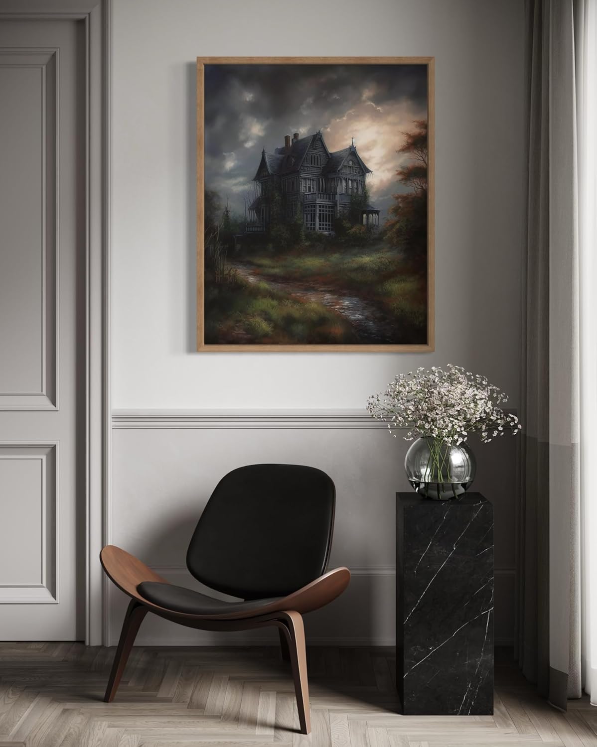 Haunted House Poster Art Print, Halloween Scary Vintage Wall Art Academia Spooky Painting Decoration for Horror Prints, Gothic Posters Bedroom Decor 89 (Haunted House, 16 x 20 inches, Wood Frame)