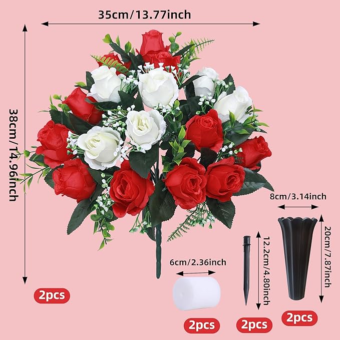Lodou Set of 2 Artificial Cemetery Flowers, Memorial Flowers Bouquet,Grave Memorial Flowers with Vase for Cemetery Headstones Decoration (Red White)