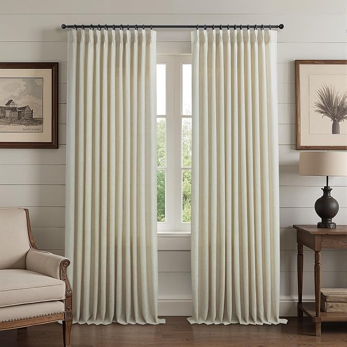 Extra Wide Beige Linen Curtain 96 Inches Long 2 Panels 70 Inch Wide for Living Dining Room Boho Neutral Rustic Pinch Pleated Drapes for Patio Sliding Glass Door Hooks Rings Sheer Privacy Curtain 70x96