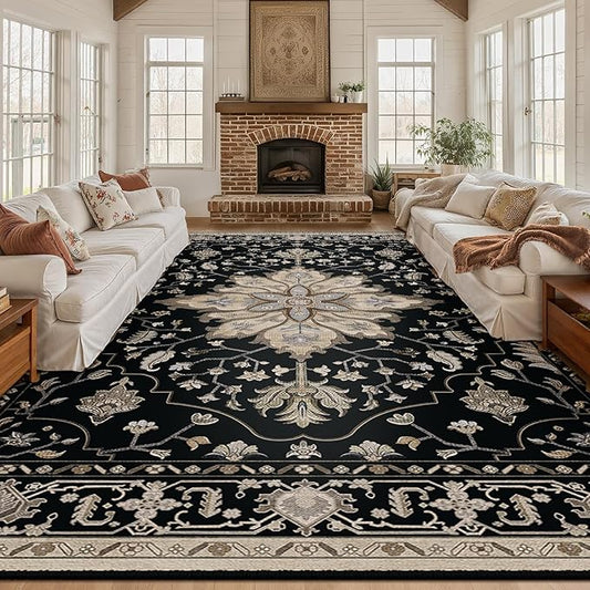 RELEANY Area Rugs 10'x12' Washable Non-Slip, Floral Vintage Distress Print Pattern Medallion Carpet for Living Room Bedroom Dining Room, Black Brown Neutral Dark Tan