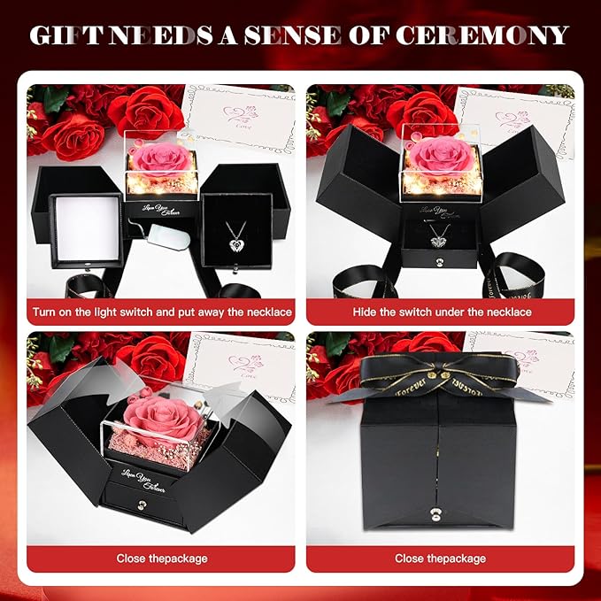 FIACO Gifts for Mom Preserved Real Roses with I Love You Necklace Fresh Forever Flowers Mothers Day Flower Gifts for Women Grandma Anniversary Birthday Gift for Girlfriend Wife Daughter
