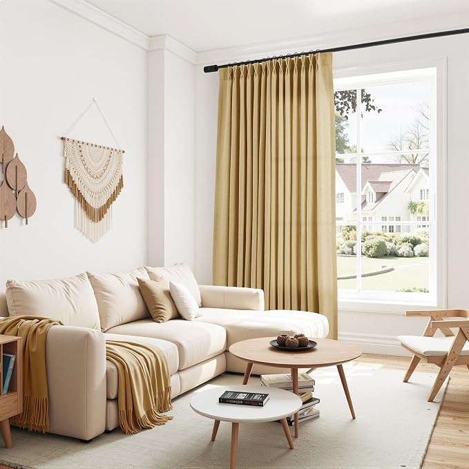 Gold Pinch Pleated Linen Curtains 96 Inch Length 2 Panels Set for Living Room Bedroom Heat Boho Farmhouse Window Privacy Light Filtering Semi Sheer Back Tab Drapes with Hooks for Dining Room 40x96
