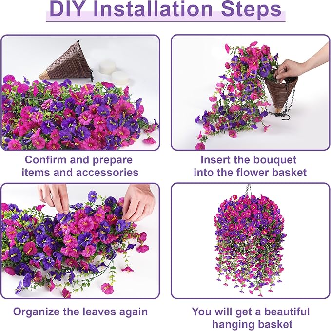 Artificial Hanging Flowers with Basket, 480 Blooms UV Resistant Faux Morning Glory Silk Plants, Fast & Easy Assembly Fake Hanging Baskets for Outdoor Porch Patio Garden Decor, Fuchsia&LightPurple