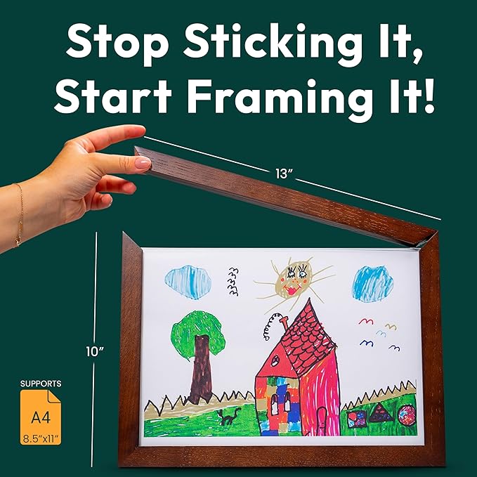 Magnetic Kids Art Frame 8.5x11 – Lift-Top Real Wood Artwork Display & Storage – Strap-Free Changeable Frame Holds 250 Drawings – Freestanding or Wall Mounted - Brown