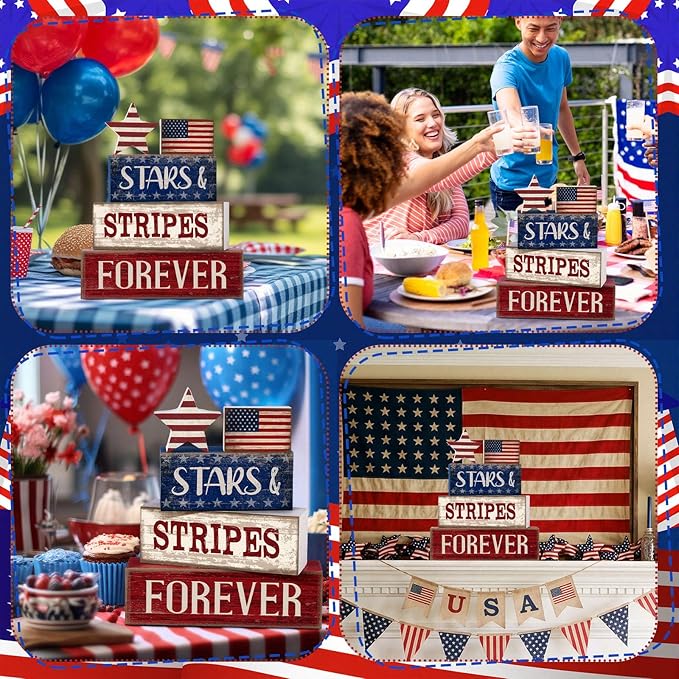 CroBlissful 5 Pcs 4th of July Decorations Patriotic Memorial Day Tabletop Decoration Forever Red White Blue Table Centerpieces Sign for Office Tiered Tray Home Shelf 250th Anniversary
