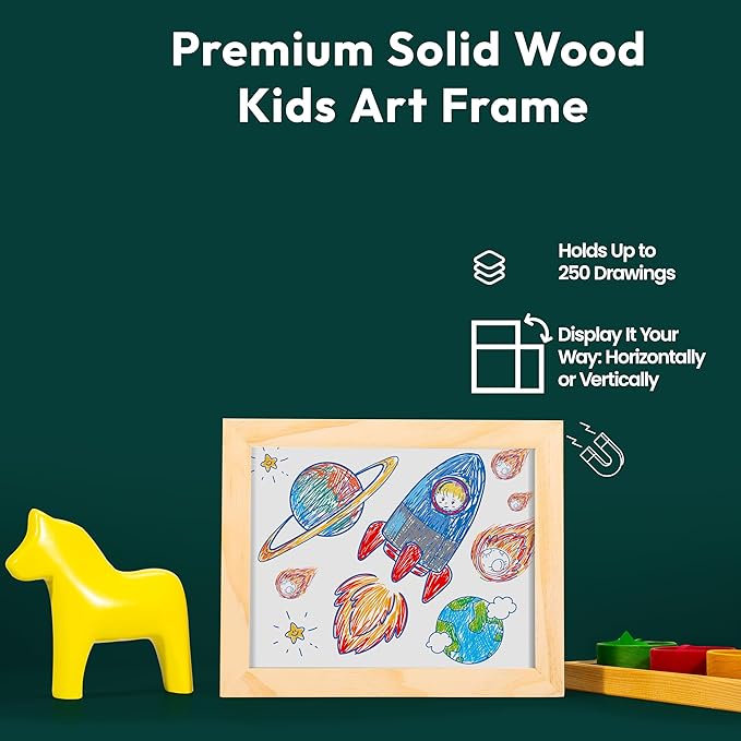 Kids Art Frames 8.5x11, Front Opening Artwork Display Frame for Kids’ Creations – Natural Grain Changeable Frame Holds 250+ Pieces, Show & Store Kids Art, Crafts, and 3D Projects, Easy Wall Hanging - Natural Grain
