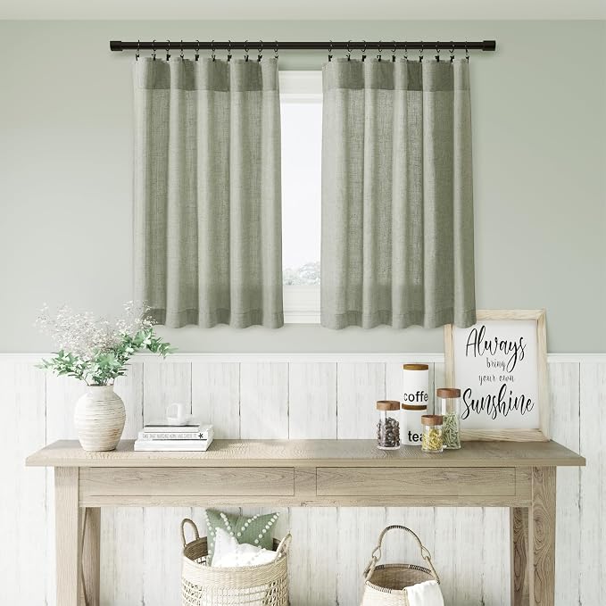 Sage Green Linen Half Kitchen Curtains 36 Inch Length Sets of 2 Back Tab Rod Pocket Boho Cafe Short Curtain for Windows Semi Sheer Light Filtering Drapes for Bathroom RV Camper Laundry 26x36