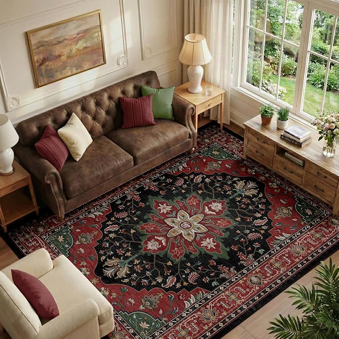 RELEANY Area Rugs 6'x9' Washable Non-Slip, Floral Vintage Distress Print Pattern Medallion Carpet for Living Room Bedroom Dining Room, Red Black