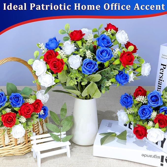 4 Bouquets Artificial Memorial Flowers, Outdoor Grave Decorations, UV Resistant Realistic Fake Silk Roses Patriotic Cemetery Flowers for 4th of July Independence Day Decor Home(Red,White,Blue)