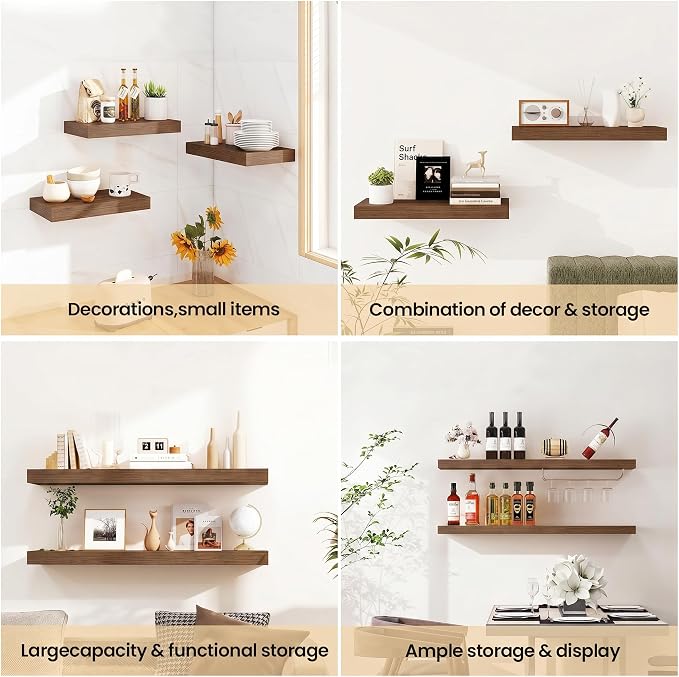 Vivelove Walnut Floating Shelves 55 Inches Long, Wall Display Shelves with Invisible Brackets, for Bathroom Living Room Kitchen Bedroom Office Farmhouse Home Decor, 55x9.3X 1.5 - Set of 2, Walnut