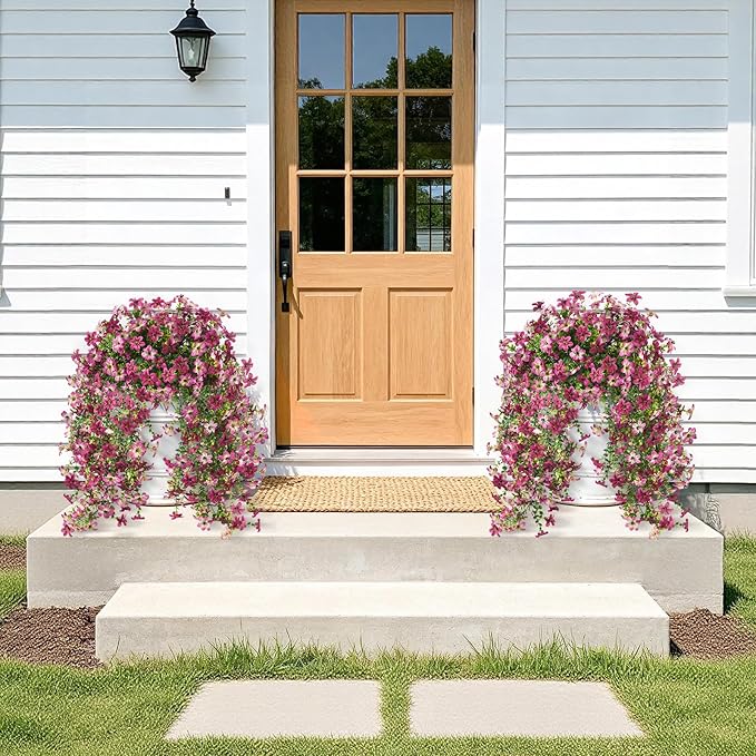 Artificial Fake Hanging Flowers Plants for Outdoor Spring Summer Decoration,2 PCS Faux Silk Daisy with Eucalyptus Leaves,UV Resistant Look Real for Outside Home Planter Porch Patio Balcony Yard Decor