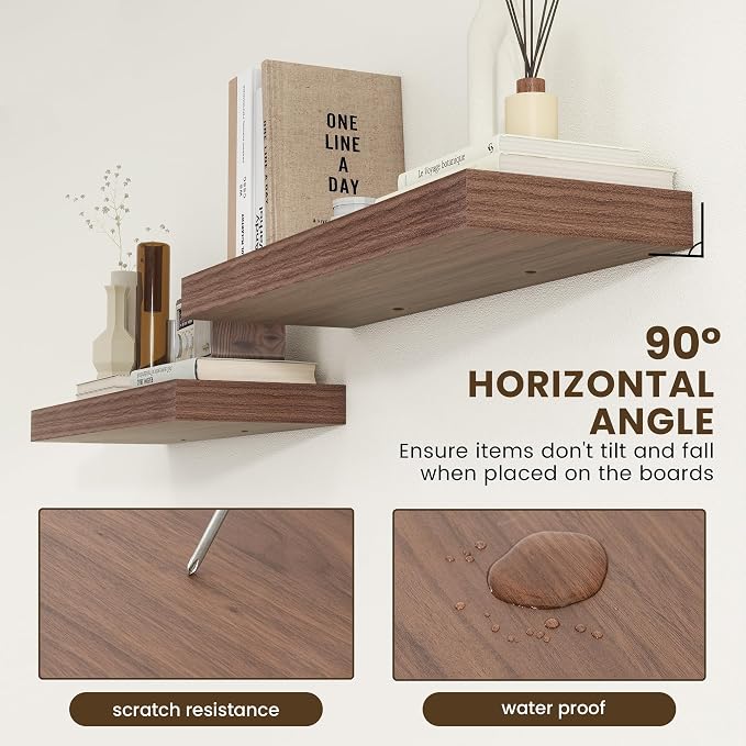 FLYJOE Deep Floating Shelves | 36 Inch Walnut Floating Shelves Set of 2 | 12 Inch Deep Rustic Wood Shelves for Wall | 36" W x 12" D Walnut Shelves for Living Room Bathroom Laundry Room Kitchen