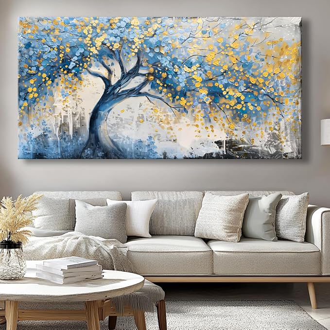 Wall Art Tree of blue Life Abstract Canvas Painting Textured Picture, Modern Landscape Artwork Framed for Living Room Bedroom Bathroom Office Home Decor 40x20in