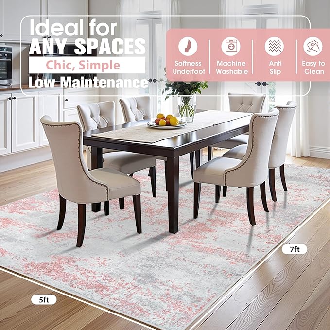 5x7 Area Rugs for Living Room Rug Washable: Abstract Rug for Dining Room Bedroom Carpet Non Slip 5 by 7 Indoor Modern Nursery Home Office Pink