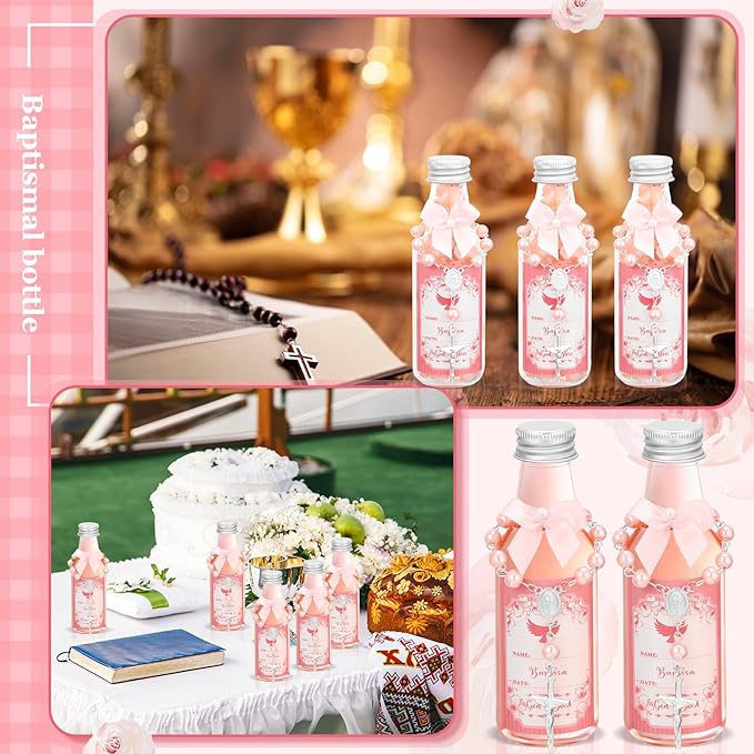 FillTouch 24 Sets Catholic Holy Water Bottle Baptism Rosary Set Baptism Favors 1.7oz Christian Water Container Empty Glass Holy Water Bottle for Easter Party Church Wedding Table Newborn (Pink)