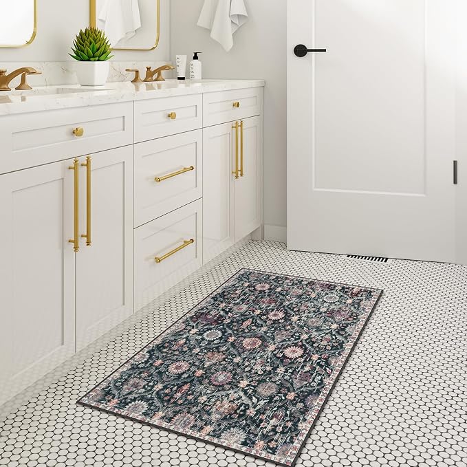 Lahome Kitchen Rugs Non Slip Washable Rugs for Entryway, 2x4 Rug Non-Slip Moroccan Trellis Ultra-Thin Indoor Door Mat Small Carpet for Bathroom Bedroom Entry Elise, Black/Multi