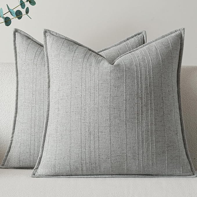a moment Linen Pillow Covers Set of 2,Boho Farmhouse Throw Pillowcases Neutral Textured Decorative Covers for Couch Sofa, Soft Linen Blend Accent Case Cushion Living Room Home Decor 22"x22"Light Grey