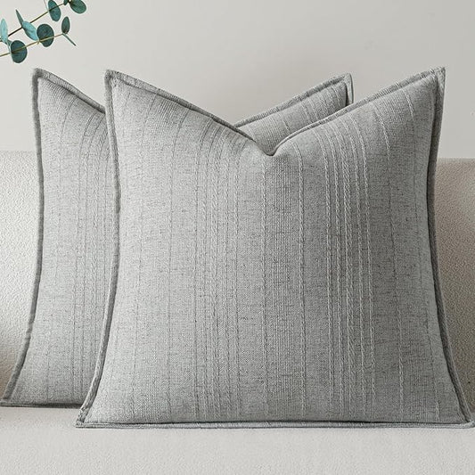 a moment Linen Pillow Covers Set of 2,Boho Farmhouse Throw Pillowcases Neutral Textured Decorative Covers for Couch Sofa, Soft Linen Blend Accent Case Cushion Living Room Home Decor 22"x22"Light Grey