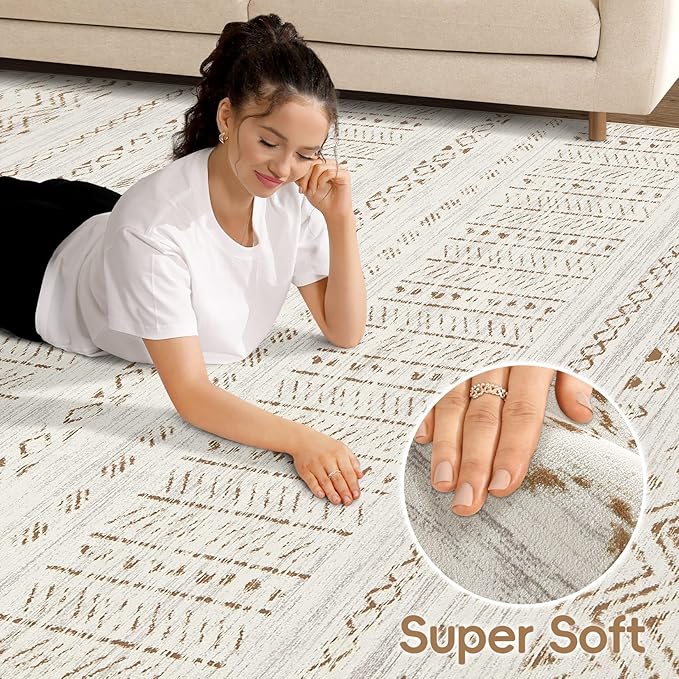 cotiled 5x8 Area Rug Living Room: Washable Boho Rugs with Non Slip Backing Large Soft Indoor Stain Resistant Carpet for Bedroom Farmhouse Dining Room Lightweight Home Decor Brown/Cream