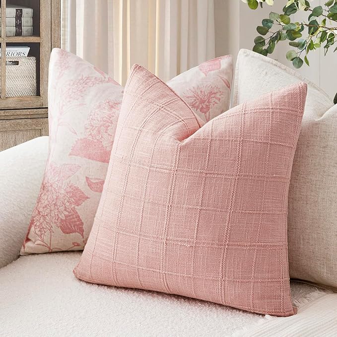 Foindtower Set of 2 Decorative Linen Check Throw Pillow Covers Neutral Farmhouse Vintage Cushion Covers Modern Boho Accent Home Decor for Sofa Chair Couch Bedroom Living Room,24×24 Inch,Light Pink