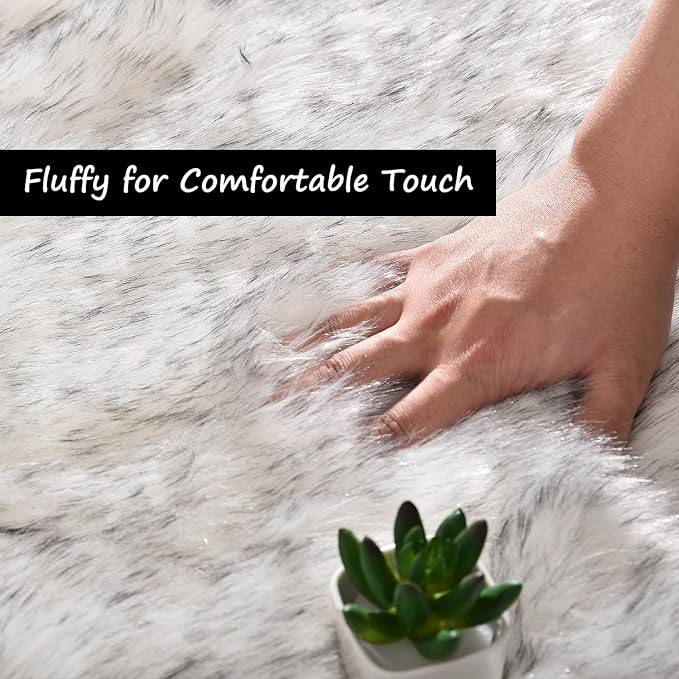Goolela Sheepskin Area Rug 5x7 for Bedroom Living Room Fluffy Fuzzy Furry Rug Faux Fur Shaggy Plush Soft Washable Rectangle - White with Grey Tips