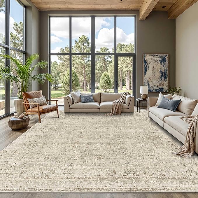 Rugxara 9x12 Area Rugs for Living Room Bedroom, Large Washable Rug, Beige Vintage Retro Boho Rug, Non Slip & Low Pile Faux Wool Carpet for Indoor Dining Room and Kids Room(Beige 9x12ft)