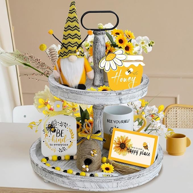 Bee Tiered Tray Decor Set, 6 Pcs Bumble Bee Farmhouse Kitchen Decor with Gnome, Honey Jar, Bee Hive, Wood Signs & Garland, Rustic Spring Decor Summer Countertop Coffee Bar Decorations