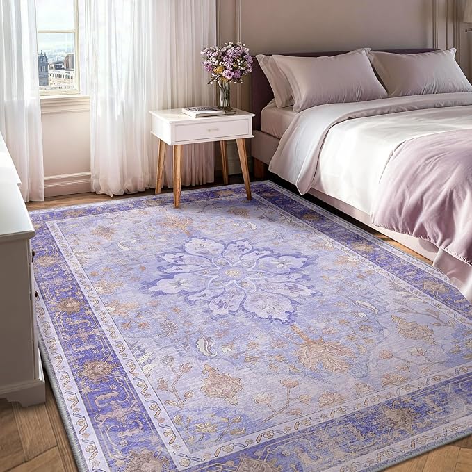 RELEANY Area Rugs 7'x9' Washable Non-Slip, Floral Vintage Distress Print Pattern Medallion Carpet for Living Room Bedroom Dining Room, Light Purple Brown